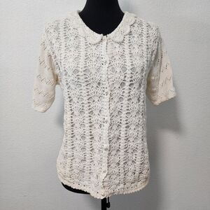 Elegant Cream Crochet Scalloped Collar Pearl Beaded Short Sleeve Cardigan
